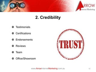 www.ArrowInternetMarketing.com.au
2. Credibility
10
 Testimonials
 Certifications
 Endorsements
 Reviews
 Team
 Office/Showroom
 