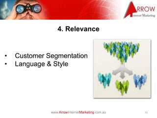 www.ArrowInternetMarketing.com.au
4. Relevance
15
• Customer Segmentation
• Language & Style
 