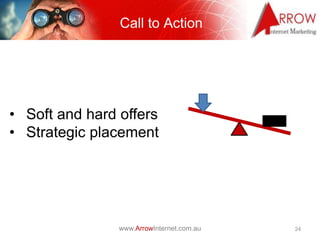 Call to Action




• Soft and hard offers
• Strategic placement




                www.ArrowInternet.com.au   24
 