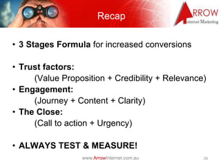 Recap

• 3 Stages Formula for increased conversions

• Trust factors:
     (Value Proposition + Credibility + Relevance)
• Engagement:
     (Journey + Content + Clarity)
• The Close:
     (Call to action + Urgency)

• ALWAYS TEST & MEASURE!
                  www.ArrowInternet.com.au       29
 
