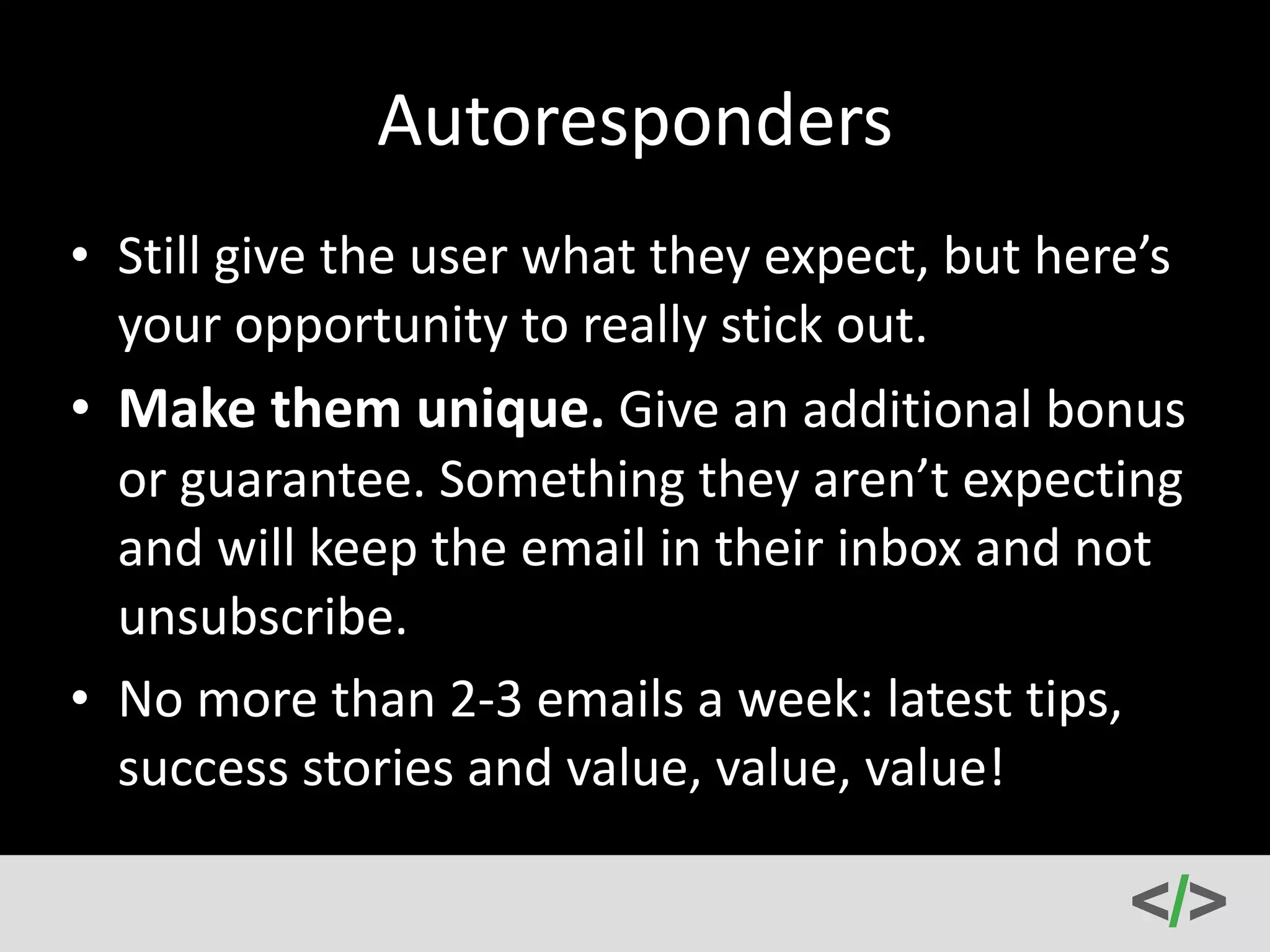 Sales 
Funnels 
102 
• The 
freebie 
hook 
(email 
for 
you, 
no 
risk 
for 
users) 
• The 
small 
ask 
(the 
introductory 
discount 
allows 
you 
to 
make 
some 
money, 
low 
risk 
for 
users) 
• The 
established 
marketer 
(bigger 
ticket 
items 
like 
training 
courses 
 
monthly 
memberships 
with 
higher 
pricing, 
medium 
risk 
for 
users) 
• The 
guru 
(greatest 
perceived 
value 
for 
big 
ticket 
items 
with 
high 
risk 
for 
users) 
 