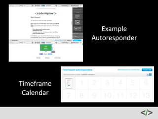 Funnels 
Develop 
Leaks 
• Follow 
the 
natural 
order 
– 
it 
doesn’t 
matter 
if 
your 
product 
is 
the 
best 
thing 
ever 
if 
you 
sell 
it 
for 
$497 
to 
people 
you 
don’t 
know 
• Establish 
TRUST 
by 
providing 
value 
(remember 
the 
freebies 
and 
opt-­‐ins) 
• Offer 
guarantees, 
BBB 
and/or 
VeriSign 
logos 
• Get 
them 
on 
that 
email 
list 
which 
should 
now 
be 
growing 
at 
a 
steady 
pace… 
 