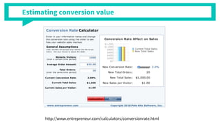 Estimating conversion value
http://www.entrepreneur.com/calculators/conversionrate.html
 
