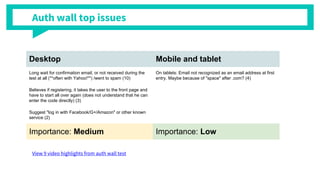 Auth wall top issues
Desktop Mobile and tablet
Long wait for confirmation email, or not received during the
test at all (**often with Yahoo!**) /went to spam (10)
On tablets: Email not recognized as an email address at first
entry. Maybe because of "space" after .com? (4)
Believes if registering, it takes the user to the front page and
have to start all over again (does not understand that he can
enter the code directly) (3)
Suggest "log in with Facebook/G+/Amazon" or other known
service (2)
Importance: Medium Importance: Low
View 9 video highlights from auth wall test
 