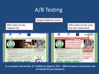 A/B Testing
Google AdWords Visitors

50% visitors to the
‘original site’

50% visitors to the ‘new
test site’ (optimised)

In a scenario such as this, it’s realistic to expect a 15% - 150% increase in conversion rate
on Version B over Version A.

 