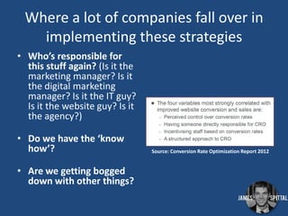 Where a lot of companies fall over in
implementing these strategies
• Who’s responsible for
this stuff again? (Is it the
marketing manager? Is it
the digital marketing
manager? Is it the IT guy?
Is it the website guy? Is it
the agency?)
• Do we have the ‘know
how’?

• Are we getting bogged
down with other things?

Source: Conversion Rate Optimization Report 2012

 