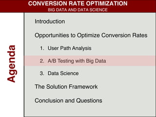 Introduction
Opportunities to Optimize Conversion Rates
1. User Path Analysis
2. A/B Testing with Big Data
3. Data Science
The Solution Framework
Conclusion and Questions
Agenda
CONVERSION RATE OPTIMIZATION
BIG DATA AND DATA SCIENCE
 