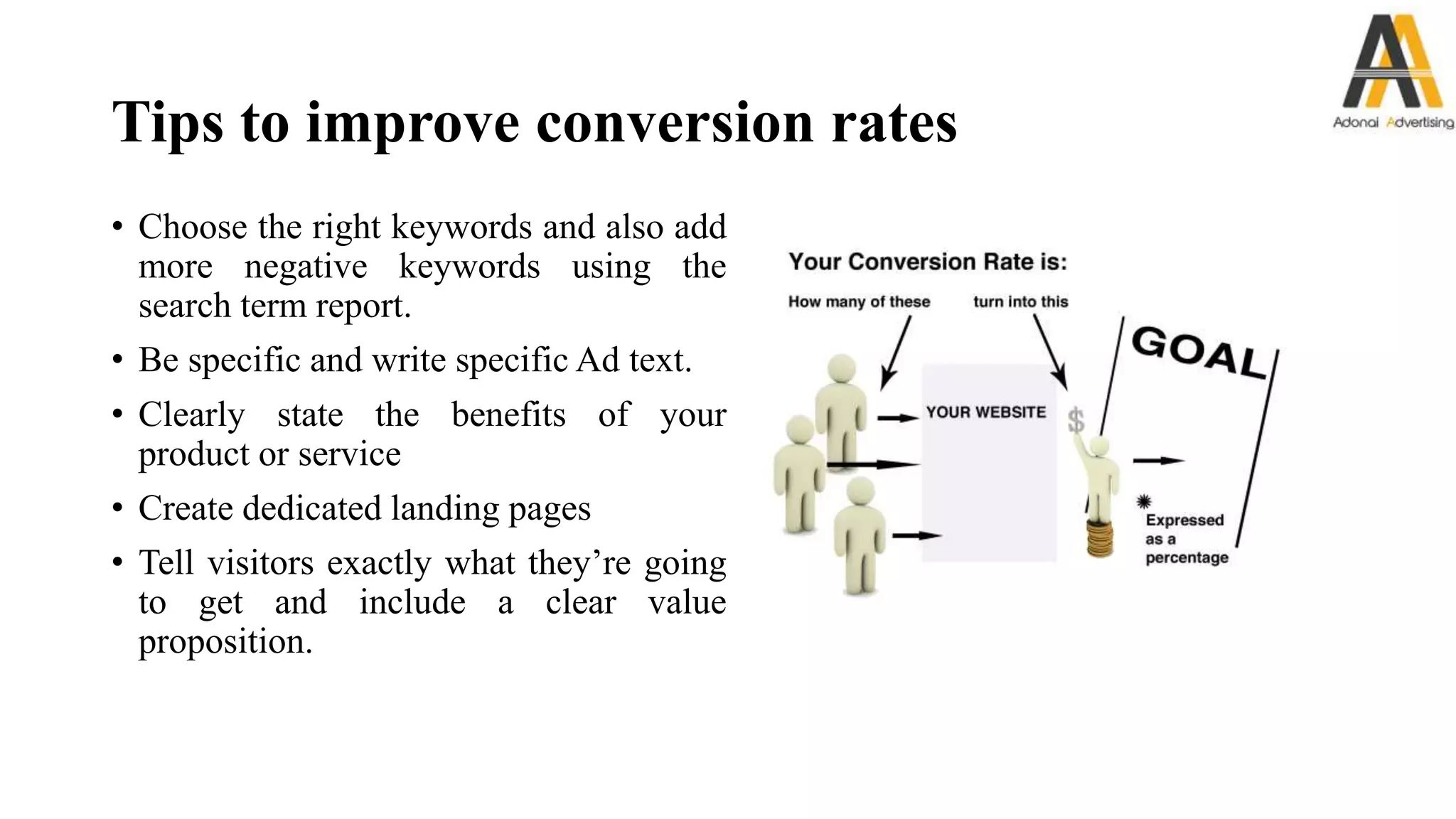 Tips to improve conversion rates
• Choose the right keywords and also add
more negative keywords using the
search term report.
• Be specific and write specific Ad text.
• Clearly state the benefits of your
product or service
• Create dedicated landing pages
• Tell visitors exactly what they’re going
to get and include a clear value
proposition.
 