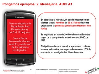 Pongamos ejemplos: 2. Mensajería. AUDI A1 En este caso la marca AUDI quería impactar en los clientes target:  Hombres  de  25 a 35 años  de zonas Urbanas en  la  peninsula (empieza en Madrid el 9 de Junio) Se impactará en mas de 200.000 clientes diferentes target de la campaña durante el mes de JUNIO de 2010 El objetivo es llevar a usuarios a probar el coche en los concesionarios y se espera al menos un 1,5% de respuesta en los siguientes días a la acción Ven a saludarlo a la Plaza Pablo Ruiz Picasso (Azca)   del 6 al 11 de junio.   Ven a dar la bienvenida al nuevo Audi A1 y serás uno de los primeros privilegiados.  AUDI A1 