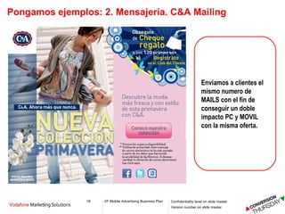 Pongamos ejemplos: 2. Mensajería. C&A Mailing Enviamos a clientes el mismo numero de MAILS con el fin de conseguir un doble impacto PC y MOVIL con la misma oferta. 