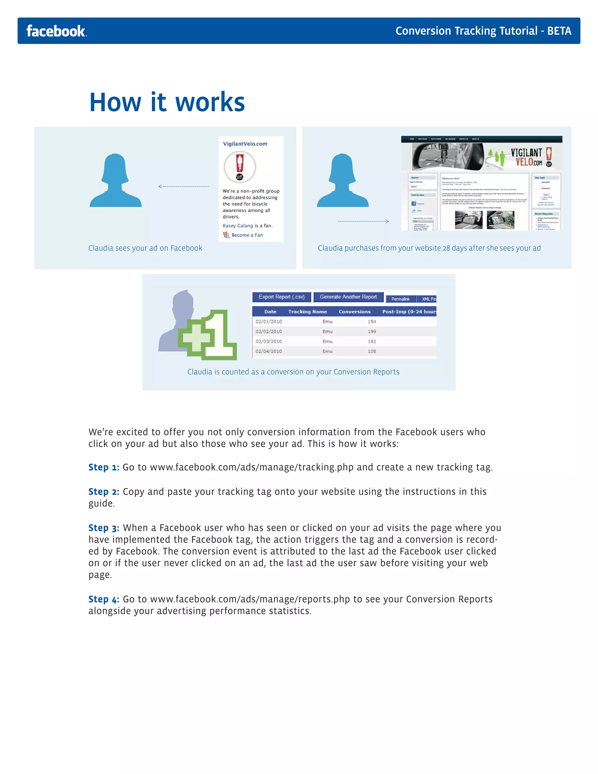 Conversion Tracking Tutorial - BETA




How it works




Claudia sees your ad on Facebook                                Claudia purchases from your website 28 days after she sees your ad




                           Claudia is counted as a conversion on your Conversion Reports




We’re excited to offer you not only conversion information from the Facebook users who
click on your ad but also those who see your ad. This is how it works:

Step 1: Go to www.facebook.com/ads/manage/tracking.php and create a new tracking tag.

Step 2: Copy and paste your tracking tag onto your website using the instructions in this
guide.

Step 3: When a Facebook user who has seen or clicked on your ad visits the page where you
have implemented the Facebook tag, the action triggers the tag and a conversion is record-
ed by Facebook. The conversion event is attributed to the last ad the Facebook user clicked
on or if the user never clicked on an ad, the last ad the user saw before visiting your web
page.

Step 4: Go to www.facebook.com/ads/manage/reports.php to see your Conversion Reports
alongside your advertising performance statistics.
 