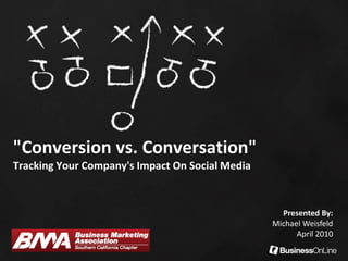 "Conversion vs. Conversation"
Tracking Your Company's Impact On Social Media
Presented By:
Michael Weisfeld
April 2010
 