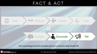 Ton Wesseling | @ TonW
 Growth by Online Experiments #CROworld
FA C T & A C T 
&
Tell
Combine
Analyze
Test
Create
Analyze
Find
Tell
Conclude
Your psychologyst should conclude and your conversion lead should tell!
 