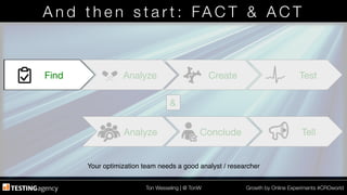 Ton Wesseling | @ TonW
 Growth by Online Experiments #CROworld
A n d t h e n s t a r t : FA C T & A C T 
&
Tell
Conclude
Analyze
Test
Create
Analyze
Find
Find
Your optimization team needs a good analyst / researcher!
 