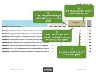© Andre Morys, Web Arts AG www.web-arts.com84
#1
Is the change bold enough
that it will be perceived by
users?
#2
Does the variation have
enough contrast to change
the behavior of users?
#3
Does it use psychological /
social principles?
#4
Is it situated on the primary
path of conversion?
@morys
 