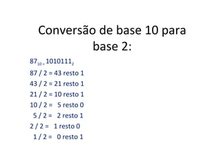 Conversão de base 10 para
           base 2:
8710 = 10101112
87 / 2 = 43 resto 1
43 / 2 = 21 resto 1
21 / 2 = 10 resto 1
10 / 2 = 5 resto 0
 5 / 2 = 2 resto 1
2 / 2 = 1 resto 0
 1 / 2 = 0 resto 1
 