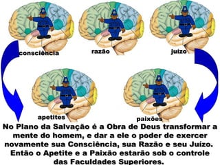 consciênciaconsciência razãorazão juízojuízo
apetitesapetites paixões
No Plano da Salvação é a Obra de Deus transformar aNo Plano da Salvação é a Obra de Deus transformar a
mente do homem, e dar a ele o poder de exercermente do homem, e dar a ele o poder de exercer
novamente sua Consciência, sua Razão e seu Juízo.novamente sua Consciência, sua Razão e seu Juízo.
Então o Apetite e a Paixão estarão sob o controleEntão o Apetite e a Paixão estarão sob o controle
das Faculdades Superiores.das Faculdades Superiores.
 
