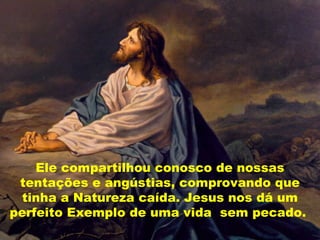 Ele compartilhou conosco de nossas
tentações e angústias, comprovando que
tinha a Natureza caída. Jesus nos dá um
perfeito Exemplo de uma vida sem pecado.
 