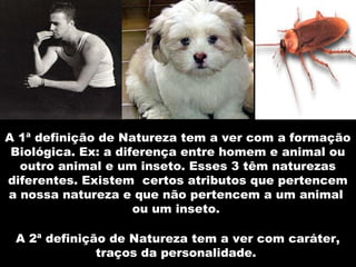 A 2ª definição de Natureza tem a ver com caráter,
traços da personalidade.
A 1ª definição de Natureza tem a ver com a formação
Biológica. Ex: a diferença entre homem e animal ou
outro animal e um inseto. Esses 3 têm naturezas
diferentes. Existem certos atributos que pertencem
a nossa natureza e que não pertencem a um animal
ou um inseto.
 