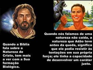 Quando a Bíblia
fala sobre a
Natureza de
Cristo, tem mais
a ver com a Sua
formação
Biológica.
Quando nós falamos de uma
natureza não caída, a
natureza que Adão teve
antes da queda, significa
que ele podia resistir às
tentações em sua própria
força; ele tinha a capacidade
de desenvolver um caráter
justo.
 