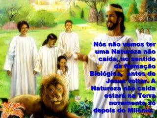 Nós não vamos terNós não vamos ter
uma Natureza nãouma Natureza não
caída, no sentidocaída, no sentido
da formaçãoda formação
Biológica, antes deBiológica, antes de
Jesus voltar. AJesus voltar. A
Natureza não caídaNatureza não caída
estará na Terraestará na Terra
novamente sónovamente só
depois do Milênio.depois do Milênio.
 