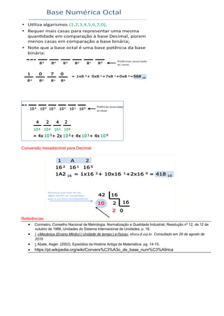 Conversão hexadecimal para Decimal
Referências:
• Conmetro, Conselho Nacional de Metrologia, Normalização e Qualidade Industrial, Resolução nº 12, de 12 de
outubro de 1988, Unidades do Sistema Internacional de Unidades, p. 16.
• ↑ «Mecânica (Ensino Médio) | Unidade de tempo | e-física». efisica.if.usp.br. Consultado em 29 de agosto de
2016
• ↑ Abate, Asger. (2002). Episódios da História Antiga da Matemática. pg. 14-15.
• https://pt.wikipedia.org/wiki/Convers%C3%A3o_de_base_num%C3%A9rica
 