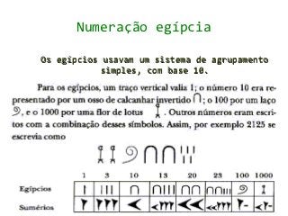 Numeração egípcia

Os egípcios usavam um sistema de agrupamento
            simples, com base 10.
 