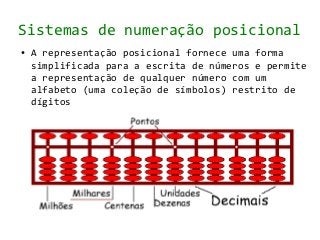 Sistemas de numeração posicional
●   A representação posicional fornece uma forma
    simplificada para a escrita de números e permite
    a representação de qualquer número com um
    alfabeto (uma coleção de símbolos) restrito de
    dígitos
 