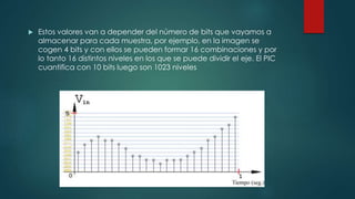  Estos valores van a depender del número de bits que vayamos a
almacenar para cada muestra, por ejemplo, en la imagen se
cogen 4 bits y con ellos se pueden formar 16 combinaciones y por
lo tanto 16 distintos niveles en los que se puede dividir el eje. El PIC
cuantifica con 10 bits luego son 1023 niveles
 