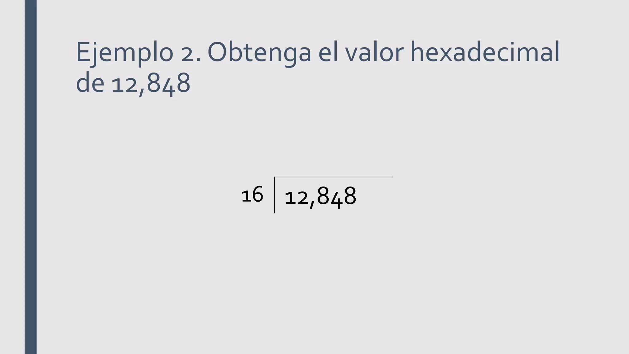 Ejemplo 2. Obtenga el valor hexadecimal
de 12,848
16 12,848
 