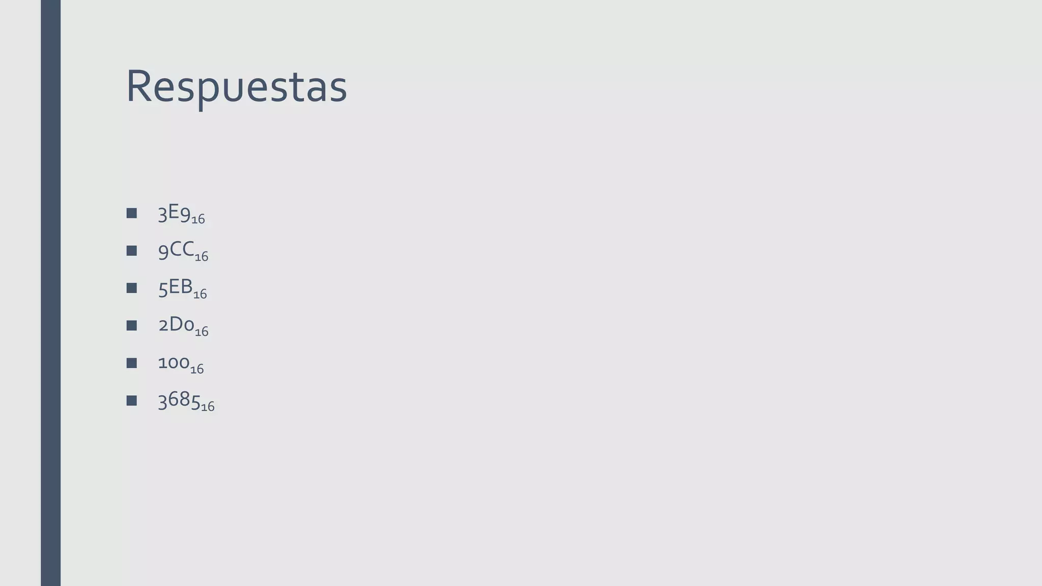 Respuestas
■ 3E916
■ 9CC16
■ 5EB16
■ 2D016
■ 10016
■ 368516
 