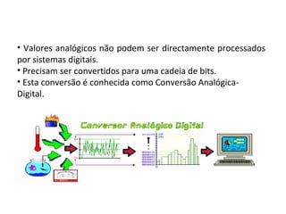 Valores analógicos não podem ser directamente processados por sistemas digitais. Precisam ser convertidos para uma cadeia de bits. Esta conversão é conhecida como Conversão Analógica-Digital. 