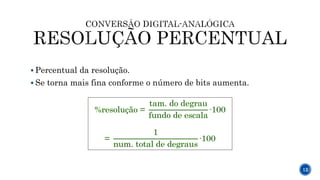  Percentual da resolução.
 Se torna mais fina conforme o número de bits aumenta.
12
 