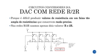  Porque é difícil produzir valores de resistência em um faixa tão
ampla de resistências que conservem razão precisa.
 Nas redes R/2R usamos apenas dois valores: R e 2R.
17
 