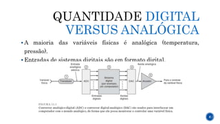 DIGITAL
VERSUS ANALÓGICA
 A maioria das variáveis físicas é analógica (temperatura,
pressão).
 Entradas de sistemas digitais são em formato digital.
6
 