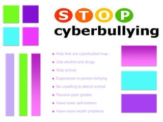 +
 Kids that are cyberbullied may :
 Use alcohol and drugs
 Skip school
 Experience in-person bullying
 Be unwilling to attend school
 Receive poor grades
 Have lower self-esteem
 Have more health problems
 