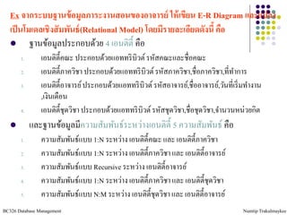 Ex จากระบบฐานข้ อมูลภาระงานสอนของอาจารย์ ให้ เขียน E-R Diagram และแปลง
   เป็ นโมเดลเชิงสั มพันธ์ (Relational Model) โดยมีรายละเอียดดังนี้ คือ
         ฐานข้อมูลประกอบด้วย 4 เอนติต้ ี คือ
       1.       เอนติต้ ีคณะ ประกอบด้วยแอททริ บิวต์ รหัสคณะและชื่อคณะ
       2.       เอนติต้ ีภาควิชา ประกอบด้วยแอททริ บิวต์ รหัสภาควิชา,ชื่อภาควิชา,ที่ทาการ
       3.       เอนติต้ ีอาจารย์ ประกอบด้วยแอททริ บิวต์ รหัสอาจารย์,ชื่ออาจารย์,วันที่เริ่ มทางาน
                ,เงินเดือน
       4.       เอนติต้ ีชุดวิชา ประกอบด้วยแอททริ บิวต์ รหัสชุดวิชา,ชื่อชุดวิชา,จานวนหน่วยกิต
           และฐานข้อมูลมีความสัมพันธ์ระหว่างเอนติต้ ี 5 ความสัมพันธ์ คือ
       1.       ความสัมพันธ์แบบ 1:N ระหว่าง เอนติต้ ีคณะ และ เอนติต้ ีภาควิชา
       2.       ความสัมพันธ์แบบ 1:N ระหว่าง เอนติต้ ีภาควิชา และ เอนติต้ ีอาจารย์
       3.       ความสัมพันธ์แบบ Recursive ระหว่าง เอนติต้ ีอาจารย์
       4.       ความสัมพันธ์แบบ 1:N ระหว่าง เอนติต้ ีภาควิชา และ เอนติต้ ีชุดวิชา
       5.       ความสัมพันธ์แบบ N:M ระหว่าง เอนติต้ ีชุดวิชา และ เอนติต้ ีอาจารย์
BC326 Database Management                                                                 Numtip Trakulmaykee
 