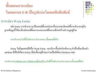 ขั้นตอนการแปลง
      โมเดลแบบ E-R เป็ นรู ปแบบโมเดลเชิงสัมพันธ์
การแปลง Weak Entity
                                                                                       ่
          เช่น Entity การทางาน จะเป็ นเอนติต้ ีแบบอ่อนเนื่องจากจะมีเอนติต้ ีการทางานอยูใน
    ฐานข้อมูลนี้ได้จะต้องมีเอนติต้ ีคนงานและเอนติต้ ีสถานที่ก่อสร้างปรากฎอยูดวย
                                                                              ่ ้

            การทางาน(วันที่เริ่ มทางาน,จานวนช.ม.ทั้งหมดที่ทา)

           Entity ใดมีคุณสมบัติเป็ น Weak Entity และมีการขึ้นต่อกันเชิงระบุ จาเป็ นที่จะต้องนา
                         ์              ั       ่ ้
    attribute ที่เป็ นคียของ Entity ที่มนขึ้นอยูดวยมาร่ วมเป็ นคียของ Relation แทน
                                                                  ์

    การทางาน(รหัสคนงาน,รหัสสถานที่ก่อสร้าง,วันที่เริ่ มทางาน,จานวนช.ม.ทั้งหมดที่ทา)

BC326 Database Management                                                             Numtip Trakulmaykee
 