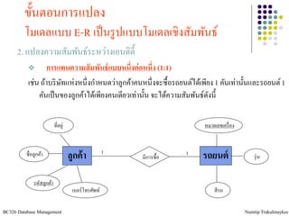 ขั้นตอนการแปลง
         โมเดลแบบ E-R เป็ นรู ปแบบโมเดลเชิงสัมพันธ์
      2. แปลงความสัมพันธ์ระหว่างเอนติต้ ี
                 การแทนความสั มพันธ์ แบบหนึ่งต่ อหนึ่ง (1:1)
           เช่น ถ้าบริ ษทแห่งหนึ่งกาหนดว่าลูกค้าคนหนึ่งจะซื้อรถยนต์ได้เพียง 1 คันเท่านั้นและรถยนต์ 1
                        ั
               คันเป็ นของลูกค้าได้เพียงคนเดียวเท่านั้น จะได้ความสัมพันธ์ดงนี้
                                                                          ั

                           ที่อยู่                                        หมายเลขเครื่ อง



          ชื่อลูกค้า                 ลูกค้ า          1
                                                          มีการซื้อ
                                                                      1
                                                                          รถยนต์                รุ่ น


              รหัสลูกค้า
                                      เบอร์โทรศัพท์                           สี รถ

BC326 Database Management                                                                   Numtip Trakulmaykee
 