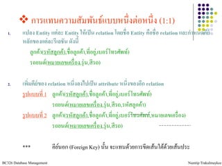  การแทนความสัมพันธ์แบบหนึ่งต่อหนึ่ง (1:1)
   1.      แปลง Entity แต่ ละ Entity ให้ เป็ น relation โดยชื่อ Entity คือชื่อ relation และกาหนดคีย์
           หลักของแต่ ละรีเลชัน ดังนี้
              ลูกค้า(รหัสลูกค้า,ชื่อลูกค้า,ที่อยู,่ เบอร์โทรศัพท์)
              รถยนต์(หมายเลขเครื่ อง,รุ่ น,สี รถ)

   2.      เพิมคีย์ของ relation หนึ่งลงไปเป็ น attribute หนึ่งของอีก relation
               ่
           รู ปแบบที่ 1 ลูกค้า(รหัสลูกค้า,ชื่อลูกค้า,ที่อยู,่ เบอร์โทรศัพท์)
                         รถยนต์(หมายเลขเครื่ อง,รุ่ น,สี รถ,รหัสลูกค้า)
           รู ปแบบที่ 2 ลูกค้า(รหัสลูกค้า,ชื่อลูกค้า,ที่อยู,่ เบอร์โทรศัพท์,หมายเลขเครื่ อง)
                         รถยนต์(หมายเลขเครื่ อง,รุ่ น,สี รถ)

           ***              คียนอก (Foreign Key) นั้น จะแทนด้วยการขีดเส้นใต้ดวยเส้นประ
                               ์                                             ้
BC326 Database Management                                                                      Numtip Trakulmaykee
 