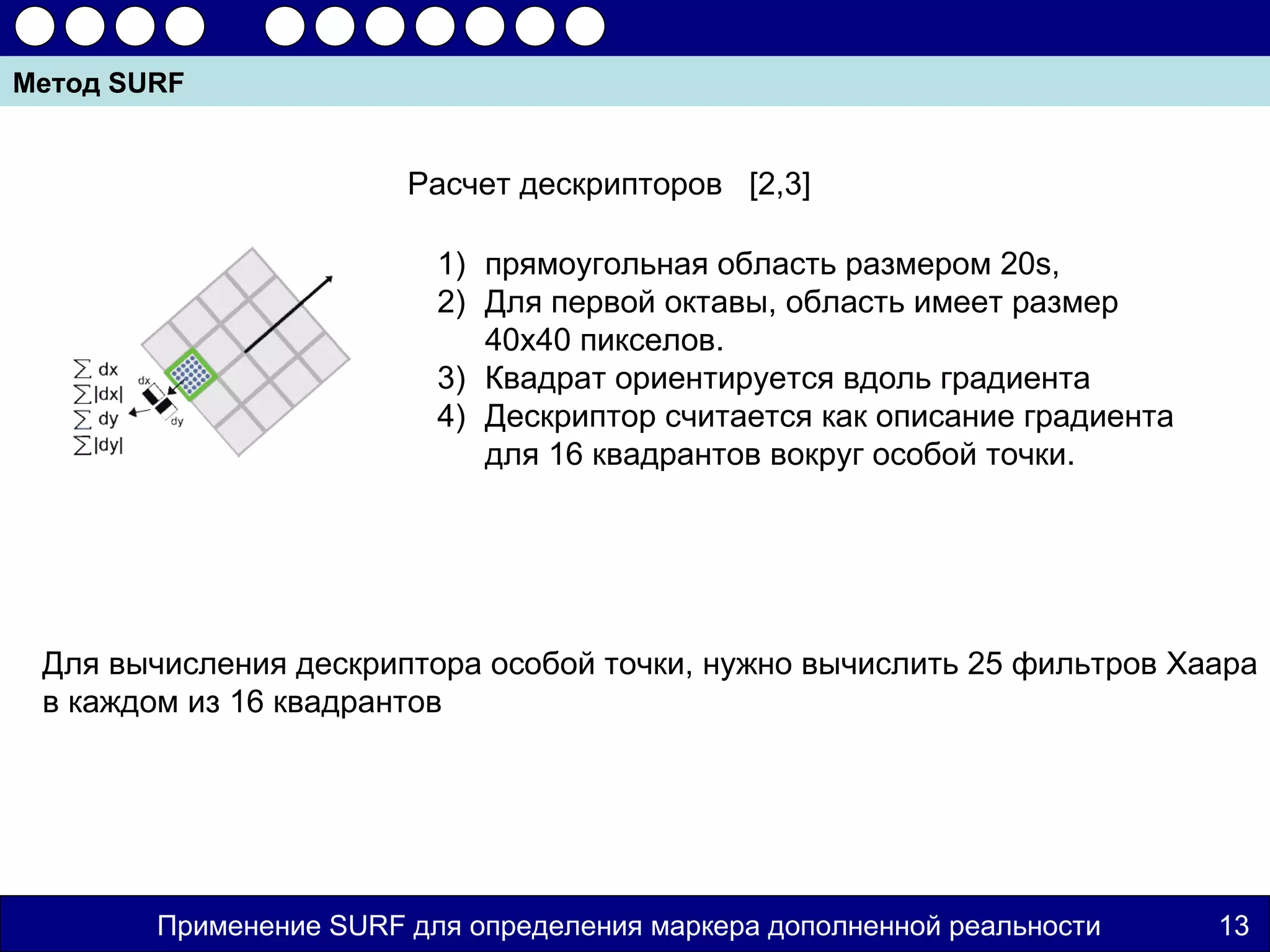 Метод SURF


                        Расчет дескрипторов [2,3]

                          1) прямоугольная область размером 20s,
                          2) Для первой октавы, область имеет размер
                             40x40 пикселов.
                          3) Квадрат ориентируется вдоль градиента
                          4) Дескриптор считается как описание градиента
                             для 16 квадрантов вокруг особой точки.




 Для вычисления дескриптора особой точки, нужно вычислить 25 фильтров Хаара
 в каждом из 16 квадрантов




        Применение SURF для определения маркера дополненной реальности     13
 