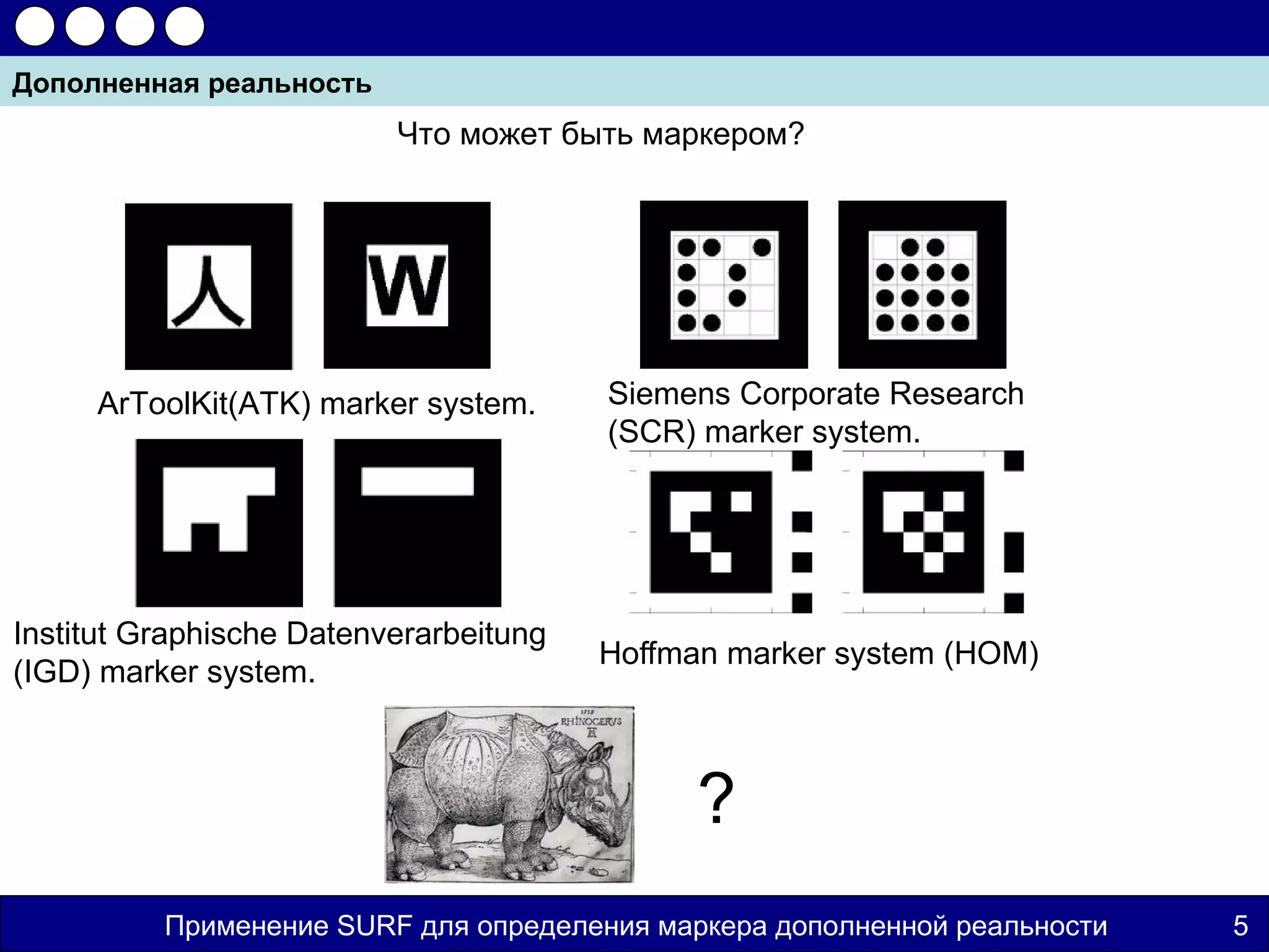 Дополненная реальность
                          Что может быть маркером?




     ArToolKit(ATK) marker system.      Siemens Corporate Research
                                        (SCR) marker system.




Institut Graphische Datenverarbeitung
                                        Hoﬀman marker system (HOM)
(IGD) marker system.



                                             ?
          Применение SURF для определения маркера дополненной реальности   5
 