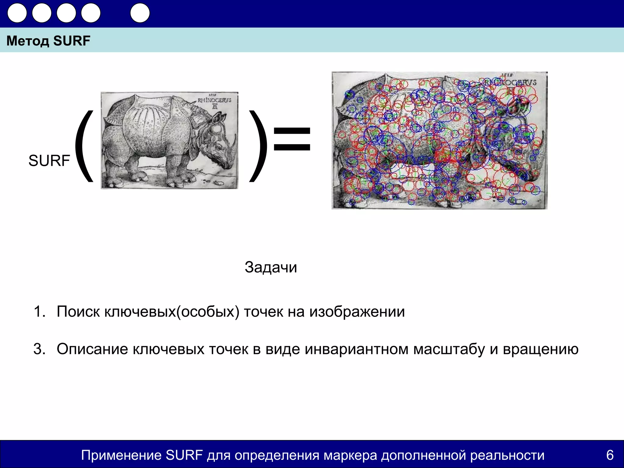 Метод SURF




  SURF   (                    )=
                              Задачи

   1. Поиск ключевых(особых) точек на изображении

   3. Описание ключевых точек в виде инвариантном масштабу и вращению




         Применение SURF для определения маркера дополненной реальности   6
 