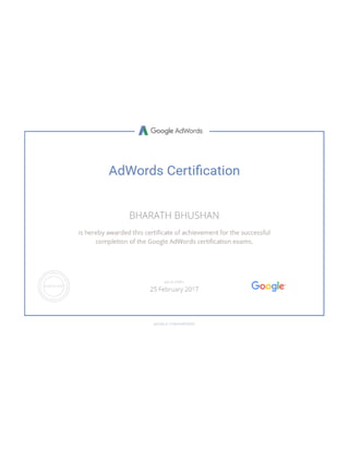 Certified in Google Adwords - Google Analytics 
