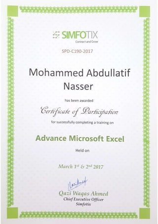 Advance Excel Training Certificate