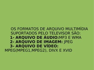 OS FORMATOS DE ARQUIVO MULTIMÍDIA  SUPORTADOS PELO TELEVISOR SÃO: 1- ARQUIVO DE ÁUDIO: MP3 E WMA 2- ARQUIVO DE IMAGEM:  JPEG 3- ARQUIVO DE VÍDEO:   MPEG(MPEG1,MPEG2), DIVX E XVID 