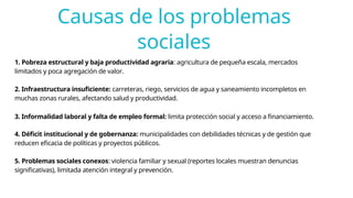 Causas de los problemas
sociales
1. Pobreza estructural y baja productividad agraria: agricultura de pequeña escala, mercados
limitados y poca agregación de valor.
2. Infraestructura insuficiente: carreteras, riego, servicios de agua y saneamiento incompletos en
muchas zonas rurales, afectando salud y productividad.
3. Informalidad laboral y falta de empleo formal: limita protección social y acceso a financiamiento.
4. Déficit institucional y de gobernanza: municipalidades con debilidades técnicas y de gestión que
reducen eficacia de políticas y proyectos públicos.
5. Problemas sociales conexos: violencia familiar y sexual (reportes locales muestran denuncias
significativas), limitada atención integral y prevención.
 