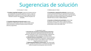 Sugerencias de solución
A. Corto plazo (1–2 años) B. Mediano plazo (2–5 años)
1. Fortalecer capacidad municipal: programas de asistencia técnica 3. Formalización y capacitación productiva: programas para
para planificación presupuestal, gestión de compras y mapeo de convertir productores familiares en organizaciones (cooperativas)
riesgos/delitos (cooperación con Contraloría y agencias técnicas). que accedan a mercados y certificaciones (cacao, café, cacao fino ya
Resultado: proyectos más eficientes y reducción de gastos mal tiene experiencias exitosas locales). Apoyo en asociatividad,
orientados. extensión técnica y acceso a crédito productivo.
4. Inversión en infraestructura priorizada: priorizar riego
2. Campañas integradas de protección social: focalizar tecnificado, caminos rurales críticos y mejoras en agua y
transferencias condicionadas y atención a víctimas (salud mental, saneamiento en distritos con mayor pobreza. Esto aumenta
centros de atención a víctimas de violencia sexual), reforzando productividad y reduce enfermedad. texto
denuncia y seguimiento.
C. Largo plazo (5+ años)
5. Diversificación económica y encadenamientos productivos:
promover agroindustria regional (procesamiento de cacao, café,
alimentos regionales) y turismo cultural/arqueológico integrado para
crear empleos formales en servicios y manufactura ligera.
6. Educación técnica y conectividad: formación técnica orientada a
cadenas locales (procesamiento de alimentos, mantenimiento de
riego, logística) y mejorar acceso digital en zonas rurales para
integrar productores a mercados.
7. Gobernanza participativa y control social: crear mesas locales
(Estado, sociedad civil, productores) con indicadores de seguimiento
público (transparencia presupuestal, avance de obras).
 