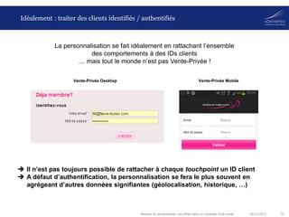 Idéalement : traiter des clients identifiés / authentifiés

La personnalisation se fait idéalement en rattachant l’ensemble
des comportements à des IDs clients
… mais tout le monde n’est pas Vente-Privée !
Vente-Privée Desktop

Vente-Privée Mobile

 Il n’est pas toujours possible de rattacher à chaque touchpoint un ID client
 A défaut d’authentification, la personnalisation se fera le plus souvent en
agrégeant d’autres données signifiantes (géolocalisation, historique, …)

Mesurer et personnaliser vos offres dans un contexte multi-canal

06/12/2013

10

 