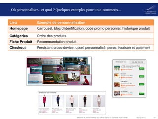 Où personnaliser… et quoi ? Quelques exemples pour un e-commerce…

Lieu

Exemple de personnalisation

Homepage

Carrousel, bloc d’identification, code promo personnel, historique produit

Catégories

Ordre des produits

Fiche Produit

Recommandation produit

Checkout

Persistant cross-device, upsell personnalisé, perso. livraison et paiement

Mesurer et personnaliser vos offres dans un contexte multi-canal

06/12/2013

16

 